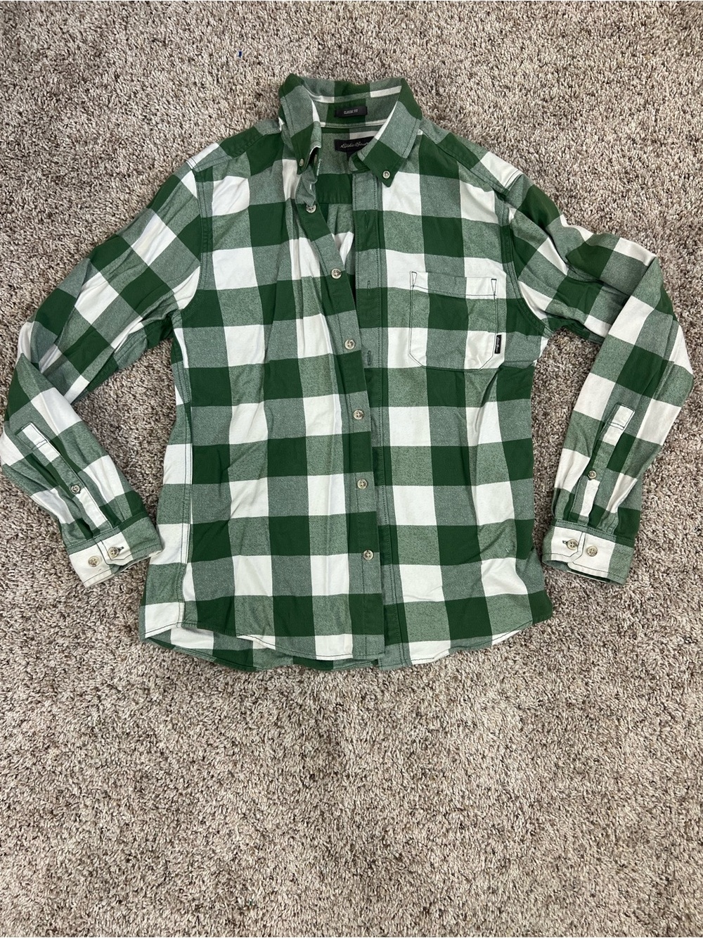 Eddie Bauer Flannel Long Sleeve Button Down Shirt Green White Plaid Cotton Small